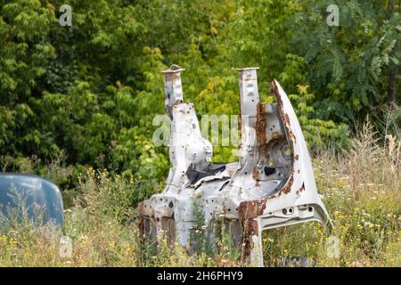 Metal rusty car body parts abandoned in greenery. Car dump, wreck at a junkyard ready for recycling Stock Photo