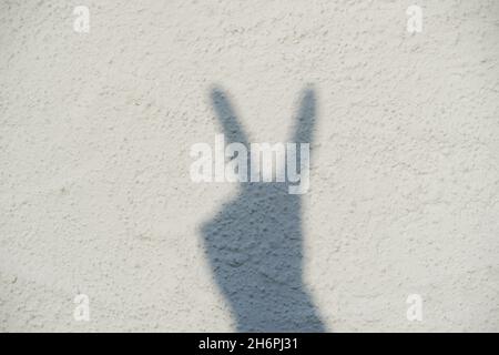 Shadow of a hand on a white wall. Peace sign. Victorry sign. Stock Photo