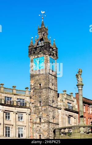 Tollbooth steeple and clock tower, part of the 17th century historical prison near the Mercat Cross at the south end of High Street, Glasgow, Scotland Stock Photo