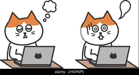 Overworked exhausted red tabby and white cat using computer working from home. Vector illustration isolated on white background. Stock Vector