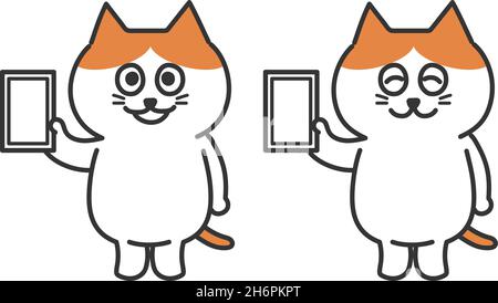 Set of smiling red tabby and white cat holding a mobile phone. Vector illustration isolated on white background. Stock Vector