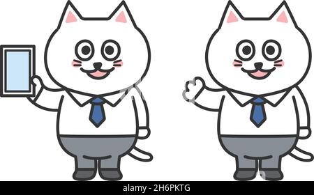Set of white cat teacher greeting someone. Vector illustration isolated on white background. Stock Vector