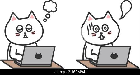 Overworked exhausted white cat using computer working from home. Vector illustration isolated on white background. Stock Vector