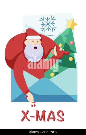 Christmas postcard with Santa Claus, Christmas tree, and letter for Santa in a flat style isolated on a white background. Stock Vector