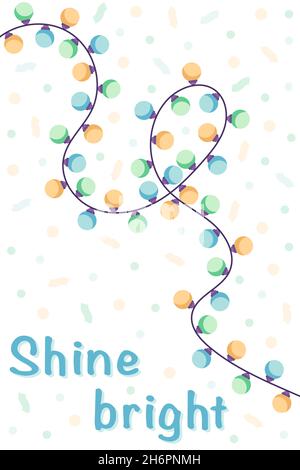 Christmas postcard with garland, blue, green and yellow lights, fireworks on the back in a flat style, isolated on a white background. Stock Vector