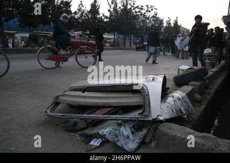 Kabul, Afghanistan. 17th Nov, 2021. The site of an explosion is seen in Kabul, Afghanistan, Nov. 17, 2021. At least one civilian was killed and six others were wounded in twin explosions in western part of Kabul, capital of Afghanistan on Wednesday, an official confirmed. Credit: Kabir/Xinhua/Alamy Live News Stock Photo