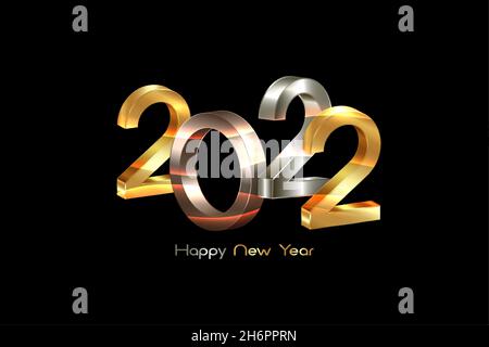 2022 golden, bronze and silver bold letters. New Year 3D logo for Holiday greeting card. Vector illustration isolated on black background, eve fashion Stock Vector