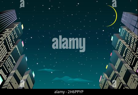 Cartoon city against the background of the night starry sky and the moon. City skyscrapers with light in the windows. Stock Vector