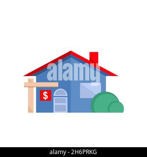 Vector of a classic single story cottage house icon in light blue colours, with bushes and for sale sign. Use it for your real-estate agency site. Stock Vector