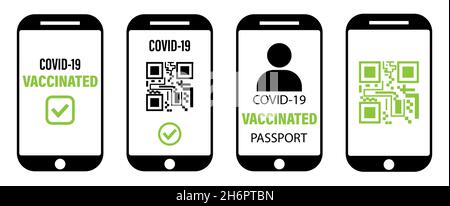 Set of vaccination passport in smartphone screen. Digital vaccination certificate. Mobile phone with immune digital health passport. Vacation and trav Stock Vector