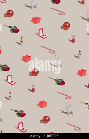 Minimal Holiday pattern made with makeup, Christmas decoration, gift box and roses. Vintage aesthetic style. Creative 2022 New Year party concept. Stock Photo