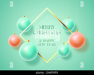 Christmas Turquoise Pastel Baubles on Gentle Background. Modern Golden Glitter Greetings Frame Template. Winter Holiday Social Media Card or Poster Stock Vector
