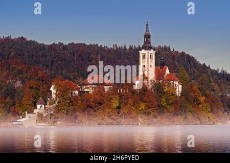 Catholic church on lake Bled island dressed in autumn leaf color with haze over water, Slovenia. Landmarks, travel, tourism and beauty of nature conce Stock Photo