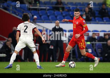 Cardiff, UK. 16th Nov, 2021. Kieffer Moore of Wales (13) in action. FIFA World Cup qualifier, group E, Wales v Belgium at the Cardiff city stadium in Cardiff, South Wales on Tuesday 16th November 2021. Editorial use only. pic by Andrew Orchard/Andrew Orchard sports photography/Alamy Live News Credit: Andrew Orchard sports photography/Alamy Live News Stock Photo