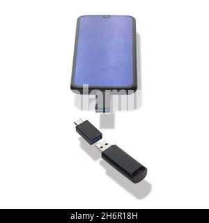 Phone or smartphone with USB OTG data transfer connected to a USB flash drive, read and write any information from portable information sources Stock Photo