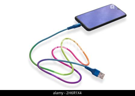 Smartphone and multi-colored USB cable on a white background Stock Photo