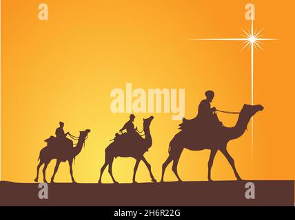 The three Wise Men follow the star to find the baby Jesus Stock Vector ...