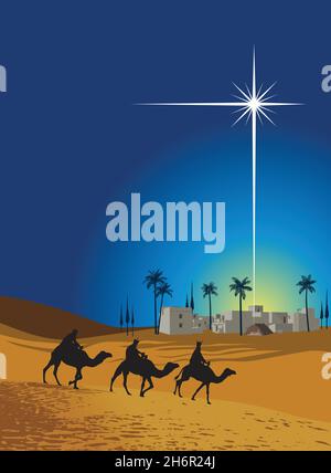 The three Wise Men follow the star to find the baby Jesus Stock Vector ...