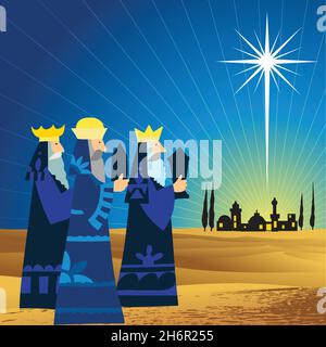 The three Wise Men follow the star to find the baby Jesus Stock Vector ...