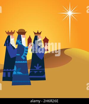 The three Wise Men follow the star to find the baby Jesus Stock Vector ...