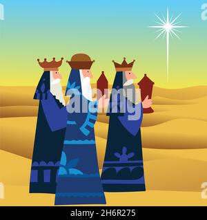 The three Wise Men follow the star to find the baby Jesus Stock Vector ...