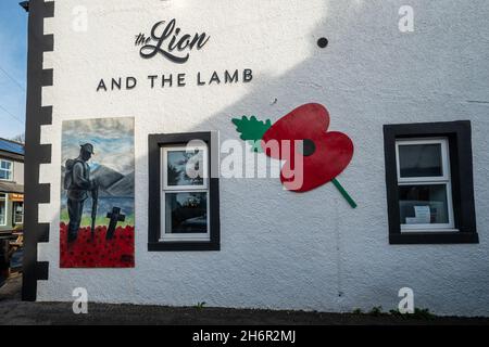 Remembrance poppies and painting on a pub wall, the Lion and the Lamb in Gosforth village, Cumbria, UK, to mark armistice day, November 2021 Stock Photo