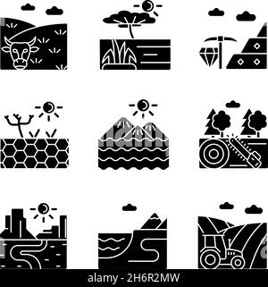 Industrial land black glyph icons set on white space Stock Vector