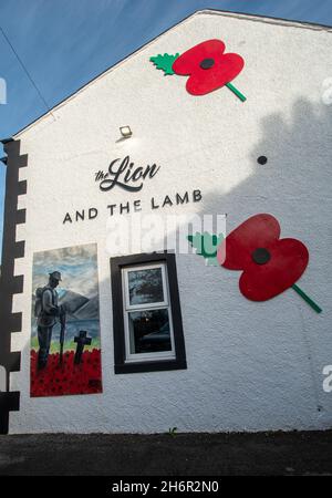 Remembrance poppies and painting on a pub wall, the Lion and the Lamb in Gosforth village, Cumbria, UK, to mark armistice day, November 2021 Stock Photo