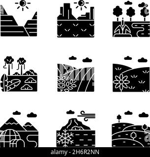 Biomes and landforms black glyph icons set on white space Stock Vector