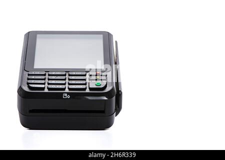 black payment terminal for accepting money from plastic cards from customers Stock Photo