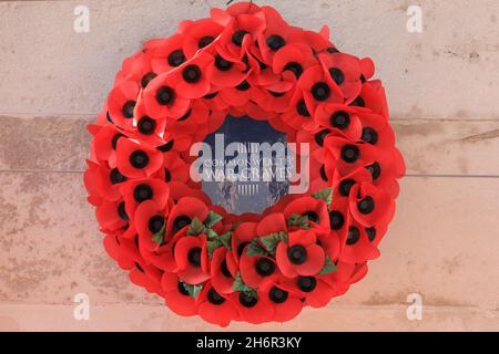 London, UK. 17th Nov, 2021. A poppy wreath on the cenotaph is seen in beautiful warm sunshine in Westminster today, following the Remembrance Sunday service. Credit: Imageplotter/Alamy Live News Stock Photo
