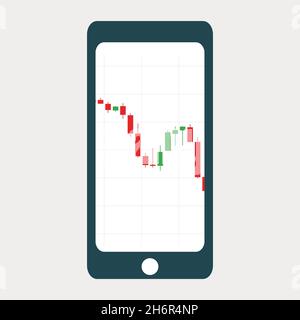 Candlestick chart in cell phone, vector illustration for buy or sell on stock market, flat minimalist vector illustration Stock Vector