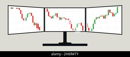 Three monitor screens with trading stock market chart graphic, financial concept, vector illustration Stock Vector