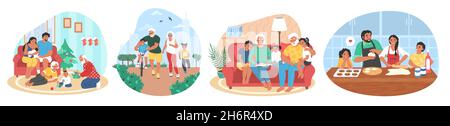 Happy family. Grandparents, parents, kids walking in park, cooking, reading, celebrating Christmas, vector illustration. Stock Vector