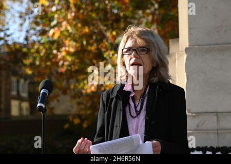 Speaker Vicky Pryce is a Greek-born British economist at The EUA champaign asks for 3.8 million people excluded for government assistance during the pandemic, pressure in 18 months with no income or assistance. They lost everything and some people committed suicide to pay off their commercial loan at Old Palace yard on 17 November 2021, London, UK. Stock Photo