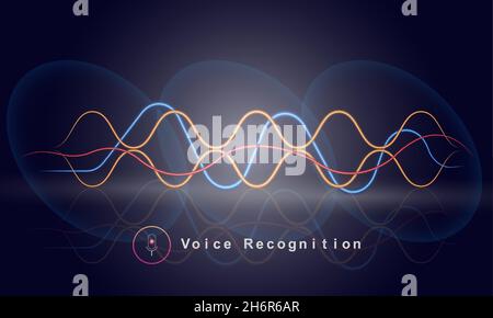 Voice recognition colorful audio frequency technology concept vector illustration. Sound wave technology vector with microphone sign. Stock Vector