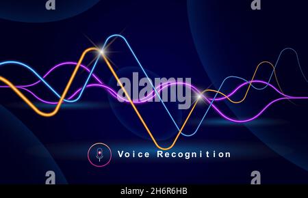 Voice recognition colorful audio frequency technology concept vector illustration. Sound wave technology vector with microphone sign. Stock Vector