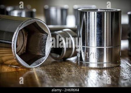 Close up of chrome vanadium sockets. Stock Photo