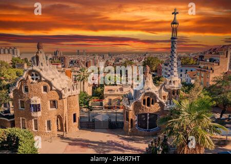 The famous Parc Güell designed by the architect Gaudí in the city of Barcelona. Stock Photo