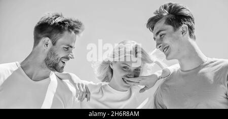 Member friendship wishes to enter into romantic relationship. Friendship love. Friendship relations. Friend zone concept. Happy together. Cheerful Stock Photo