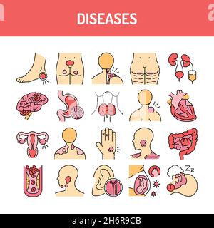 Diseases color line icons set. Pictograms for web page, mobile app, promo. UI UX GUI design element. Editable stroke. Stock Vector