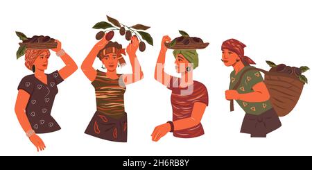 Coffee plantation farmers beautiful women carrying baskets of coffee beans, hand drawn flat vector illustration isolated on white background. Coffeeho Stock Vector