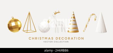 Christmas decorations vector collection. Set of realistic 3d white gold trendy decorations for christmas design isolated on white background Stock Vector