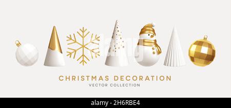 Christmas decorations vector collection. Set of realistic 3d white gold trendy decorations for christmas design isolated on white background Stock Vector