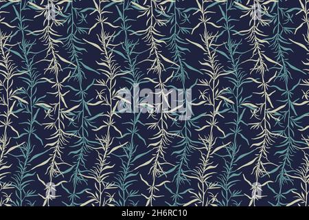 Vector floral seamless pattern. Beige, turquoise twigs and leaves on a dark blue background. Stock Vector
