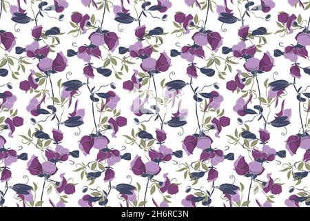 Vector floral seamless pattern. Purple, lilac and pink flowers and petals, dark blue leaves isolated on a white background. Stock Vector