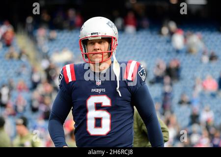 Foxborough, Massachusetts, USA. 14th Nov, 2021. New England Patriots kicker Nick Folk (6) before the NFL football game between the Cleveland Browns and the New England Patriots at Gillette Stadium, in Foxborough, Massachusetts. The Patriots defeat the Browns 45-7. Eric Canha/CSM/Alamy Live News Stock Photo