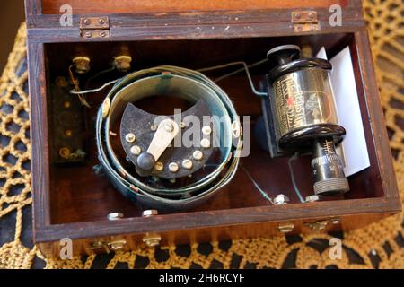 Cracow. Krakow. Poland. Vintage DIY made crystal radio set with The Red Star Precision-Detector. After 1925. Stock Photo