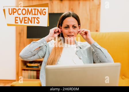 Text sign showing Upcoming Events. Conceptual photo thing that will happens or takes place soon planned occasion Watching Online Lessons, Reading Stock Photo