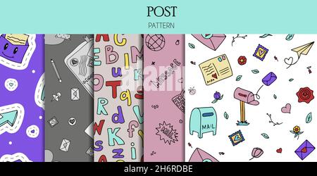 A set of vector mail doodles Seamless Patterns. Icons with paper envelopes, letters, email. A children s notebook in a cage with drawings of postal Stock Vector